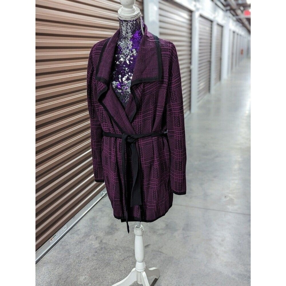 Purple & Black Houndstooth Collared Cardigan Sweater with Belt Quiet Luxury XL - Picture 2 of 9